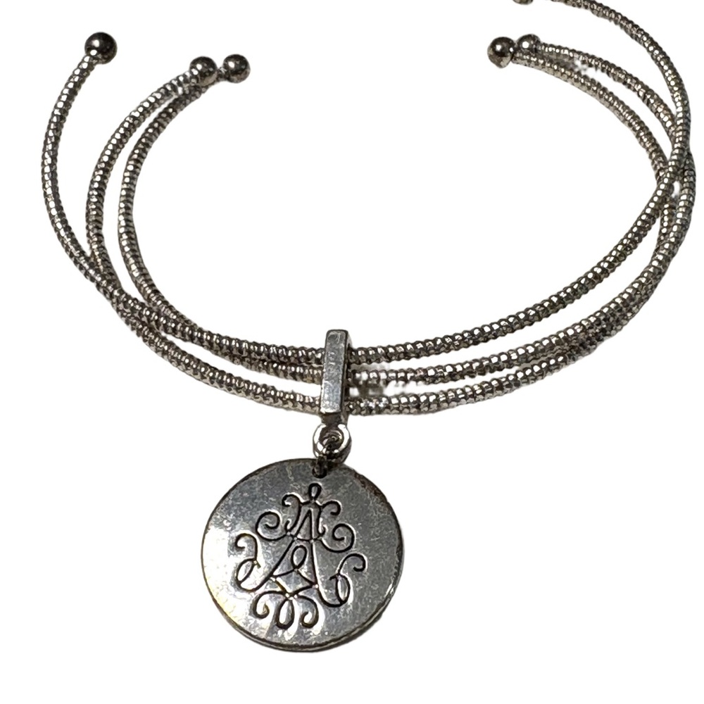 Silver Tone Multi Strand Cuff Bracelet w/ Monogram Style Charm